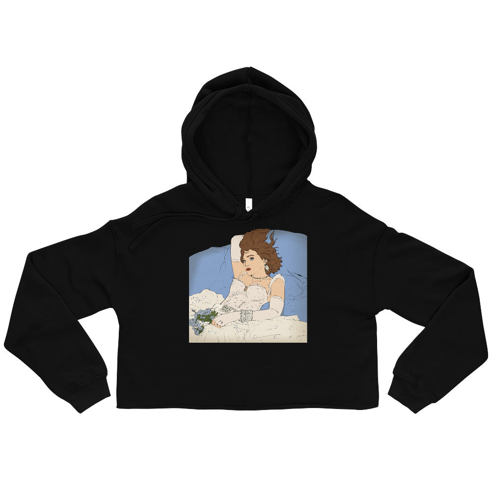 Front view of a black cropped hoodie with a hood and Madonna illustration on the chest