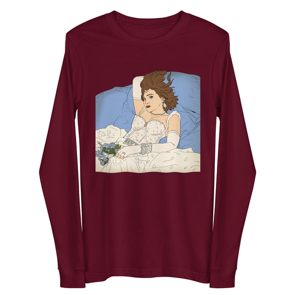 Front view of a burgundy long-sleeve shirt with a vintage-style woman-in-bed illustration