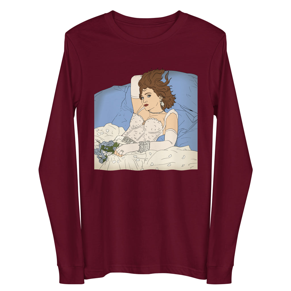 Front view of a burgundy long-sleeve shirt with a vintage-style woman-in-bed illustration