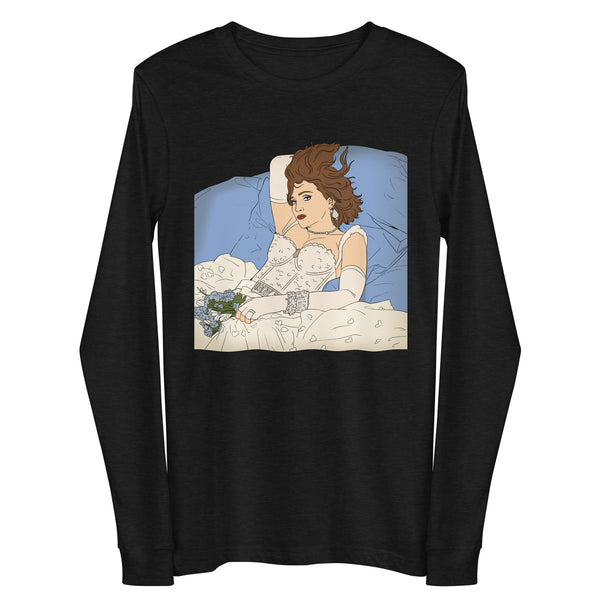 Black long-sleeve shirt with an illustration of a woman reclining in bed with flowers