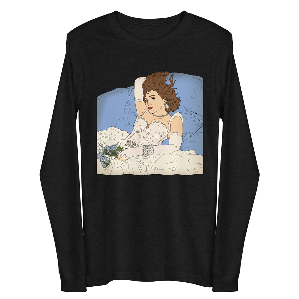 Black long-sleeve shirt with an illustration of a woman reclining in bed with flowers