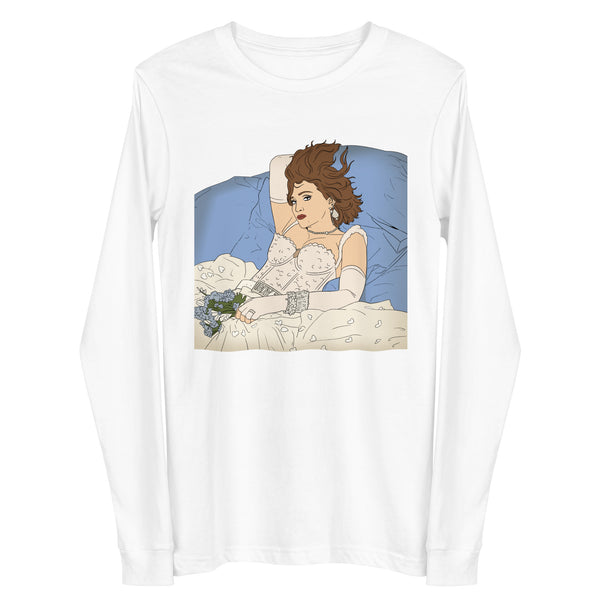 Front view of a white long-sleeve shirt with a reclining woman illustration holding flowers