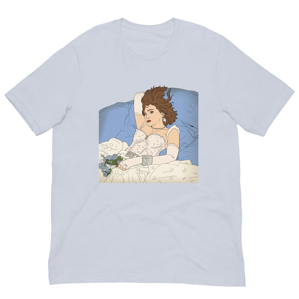 Light blue T-shirt with a centered illustration of a woman reclining in bed