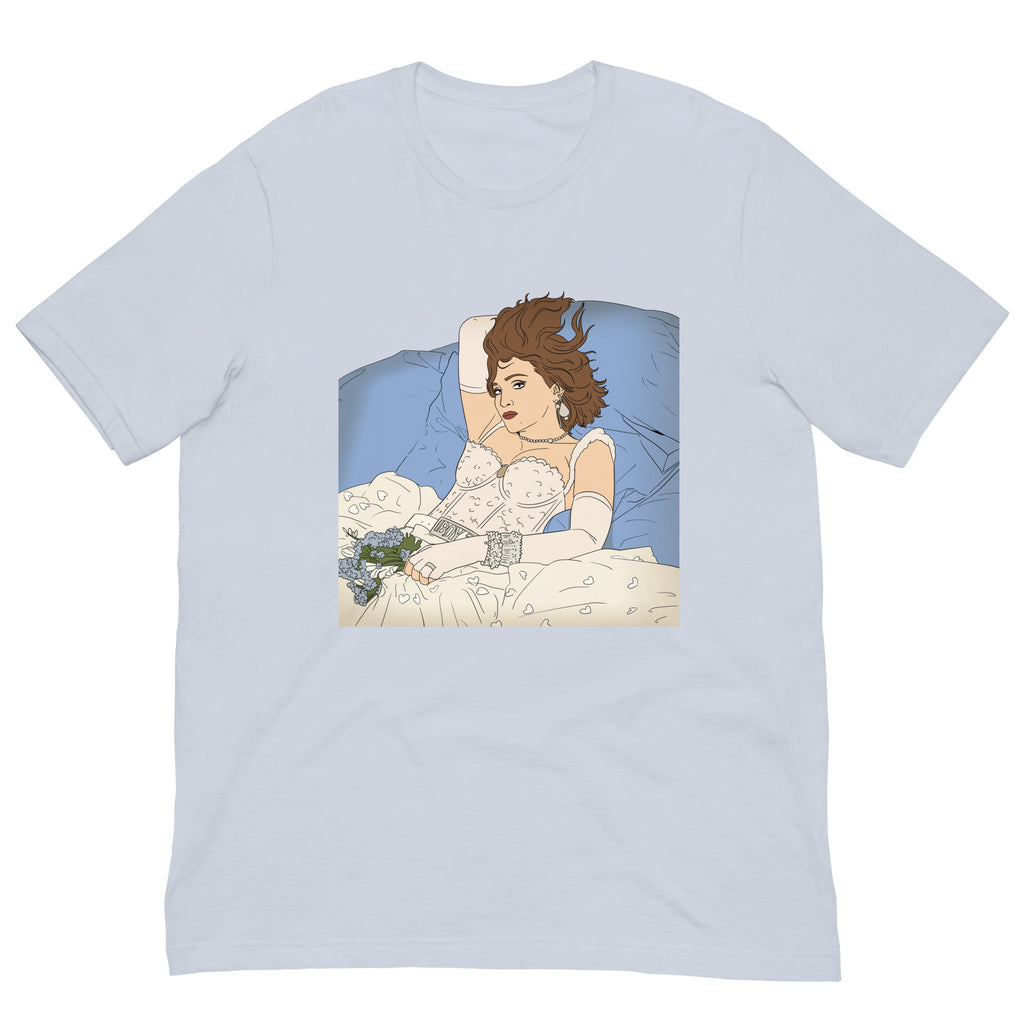 Light blue T-shirt with a centered illustration of a woman reclining in bed