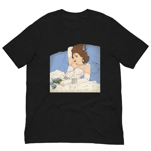 Black T-shirt with an illustration of a woman reclining in bed with flowers