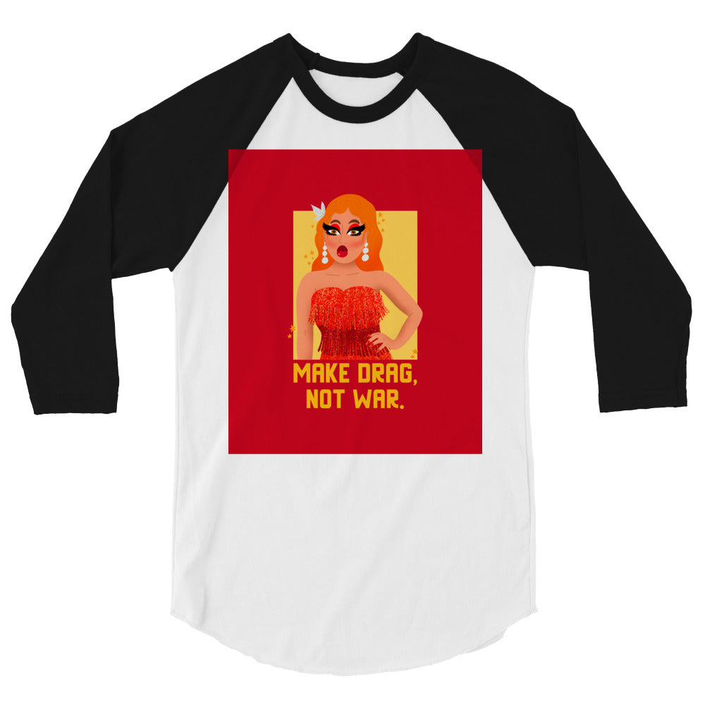 Front view of a white-and-black raglan shirt with a drag performer graphic and “MAKE DRAG, NOT WAR.”