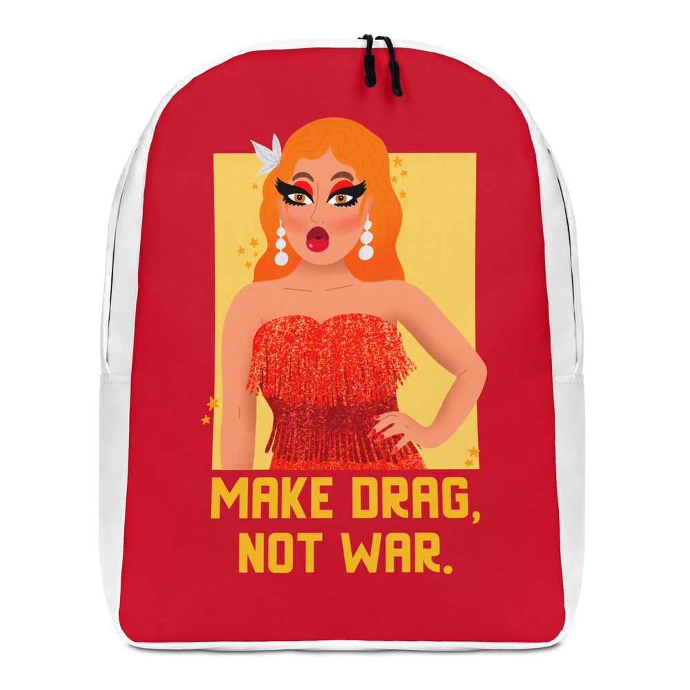 Front view of a red backpack with a drag performer graphic and “MAKE DRAG, NOT WAR.”