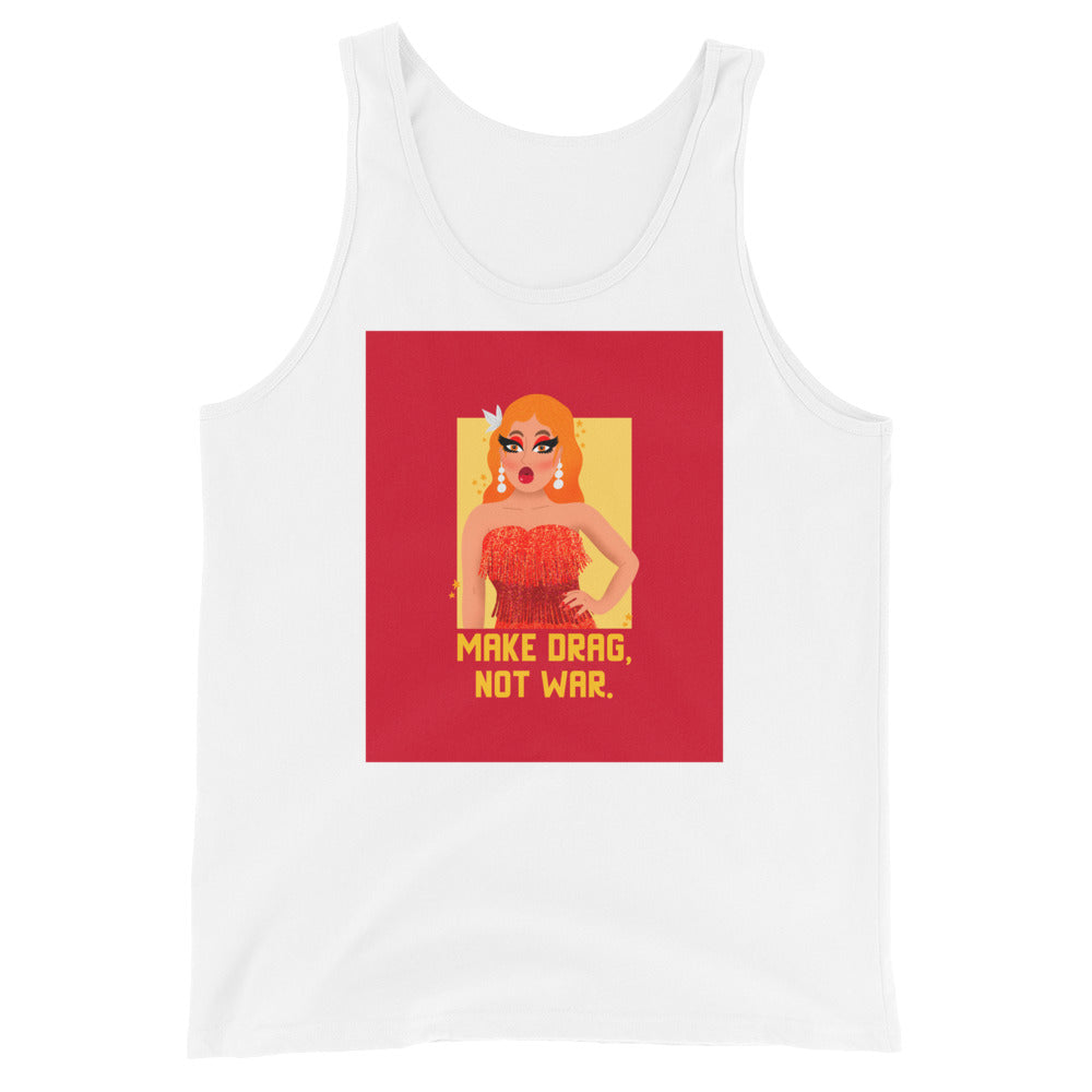 White tank top with drag performer graphic and “MAKE DRAG, NOT WAR.” slogan
