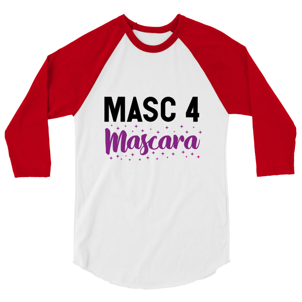 Front-view white raglan shirt with red sleeves reading “MASC 4 Mascara”