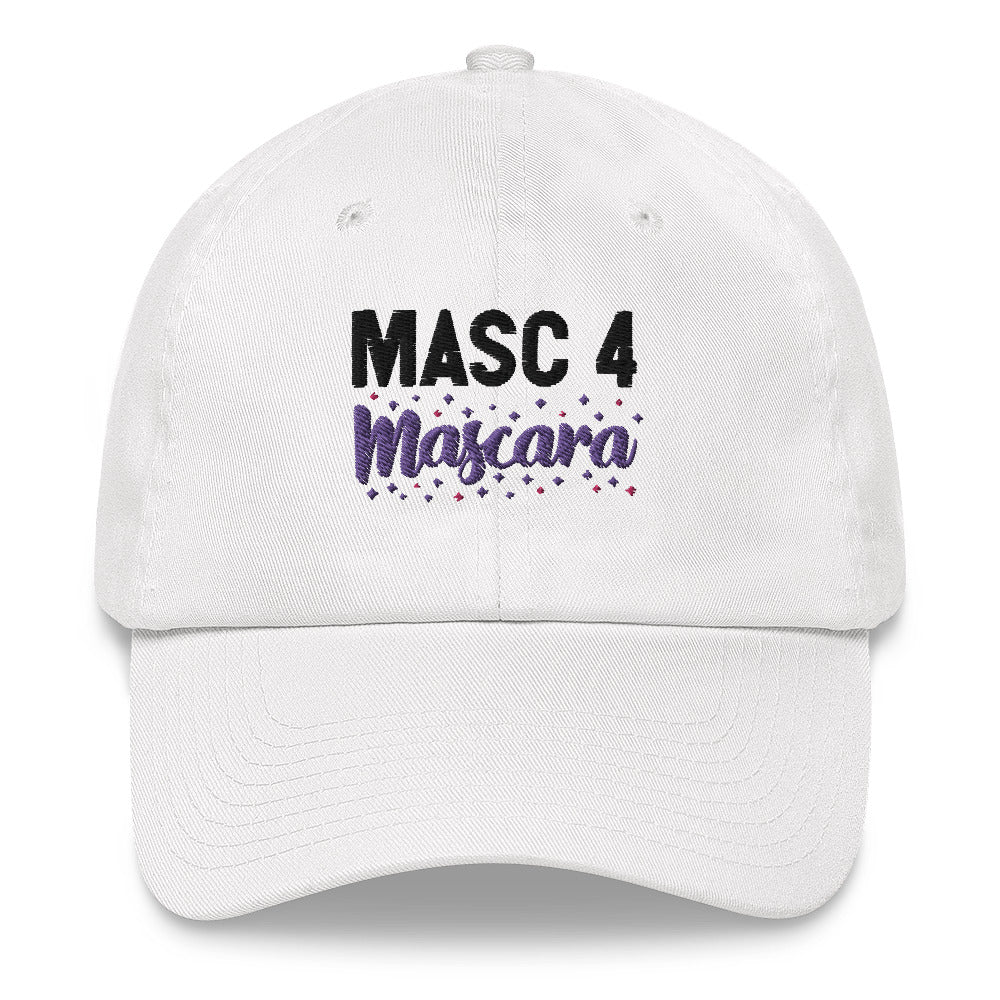 White baseball cap with embroidered “MASC 4 Mascara” lettering and colorful accents