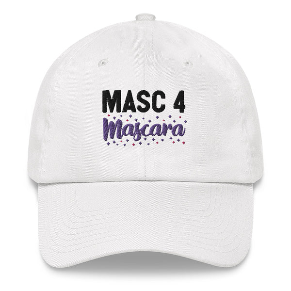 White baseball cap with embroidered “MASC 4 Mascara” lettering and colorful accents