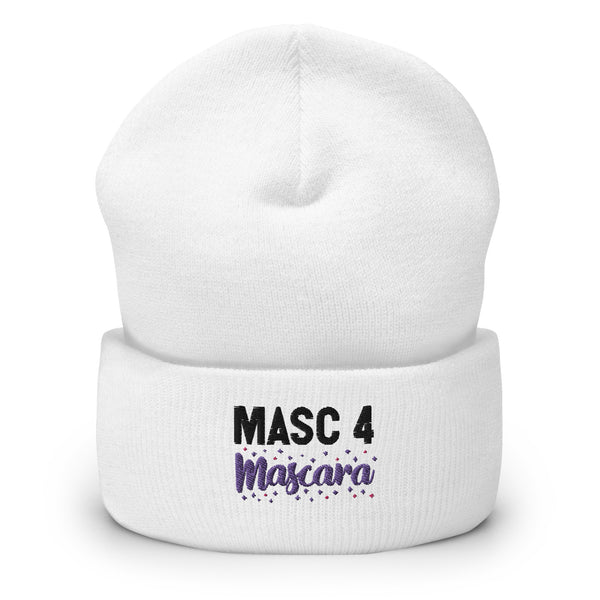 Front view of a white cuffed beanie reading “MASC 4 mascara” with colored confetti accents