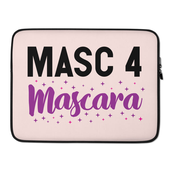 Front view of a pale pink laptop sleeve reading “MASC 4 Mascara,” with purple and pink stars