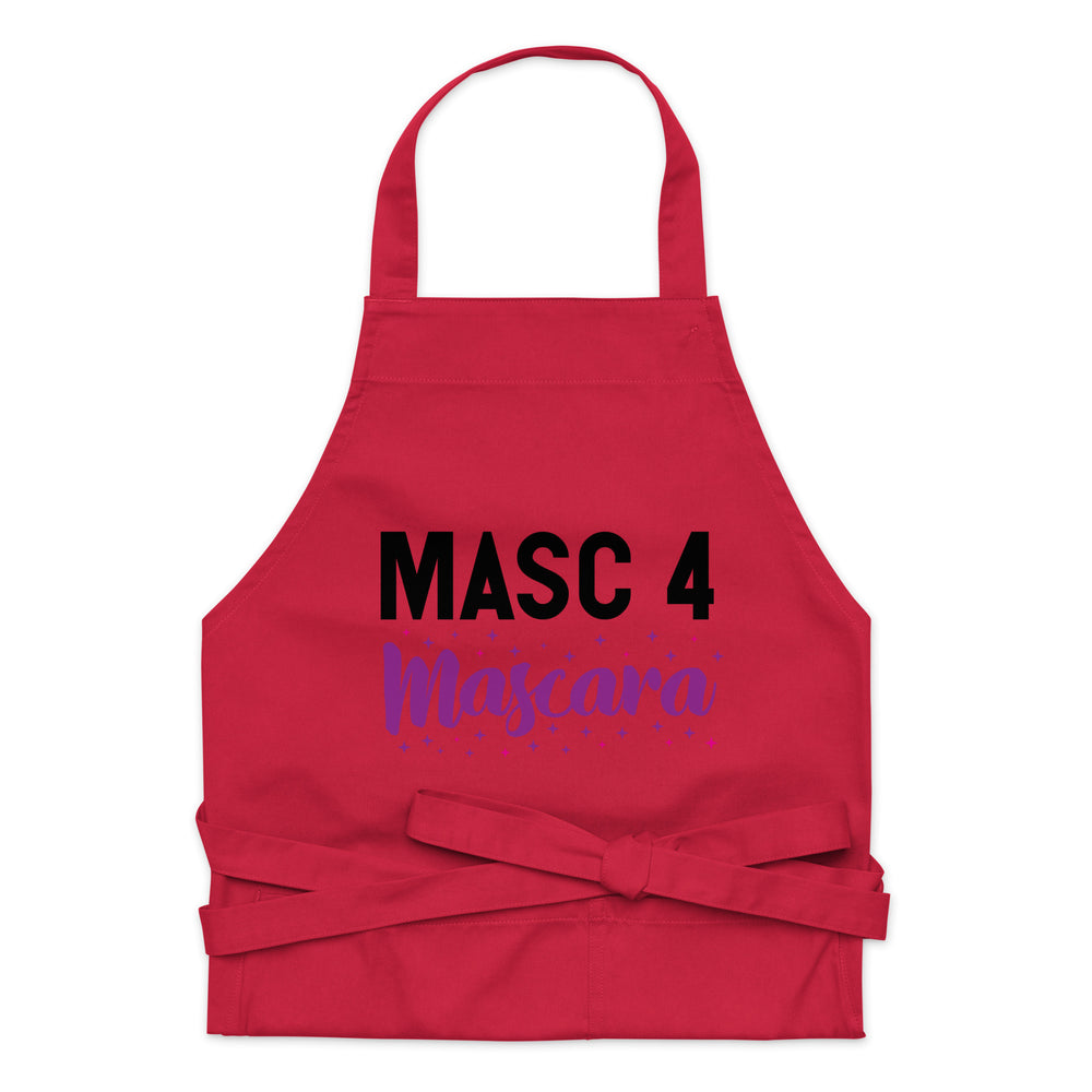 Front-facing red apron laid flat, reading “MASC 4 Mascara” in black and purple lettering