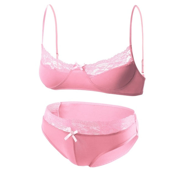 Pink lace-trim bra and matching panties displayed against a white background