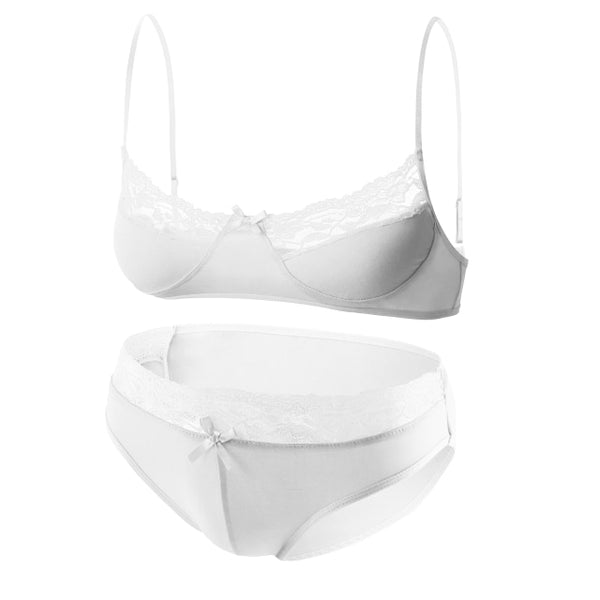 White lace-trimmed bra and matching panties displayed against a white background