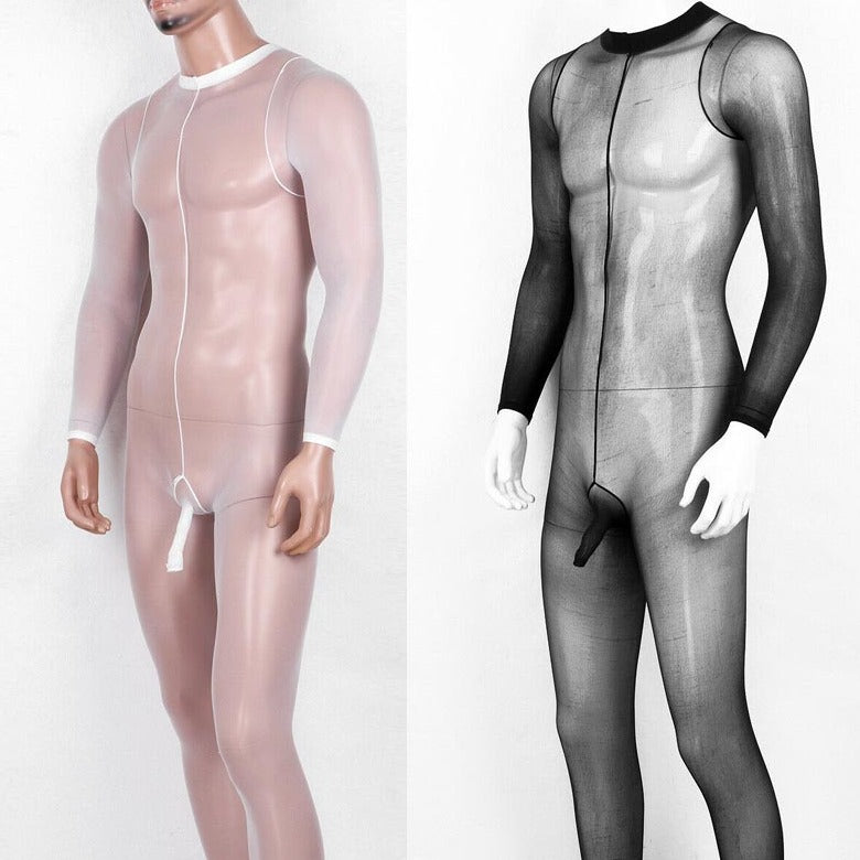Split image showing sheer full-body stockings on male mannequins, in white and black