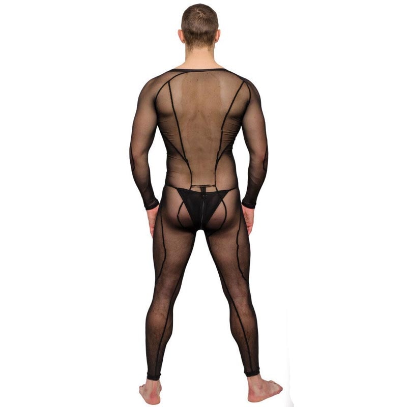 Rear view of a man modeling a sheer black long-sleeve bodysuit with a thong back