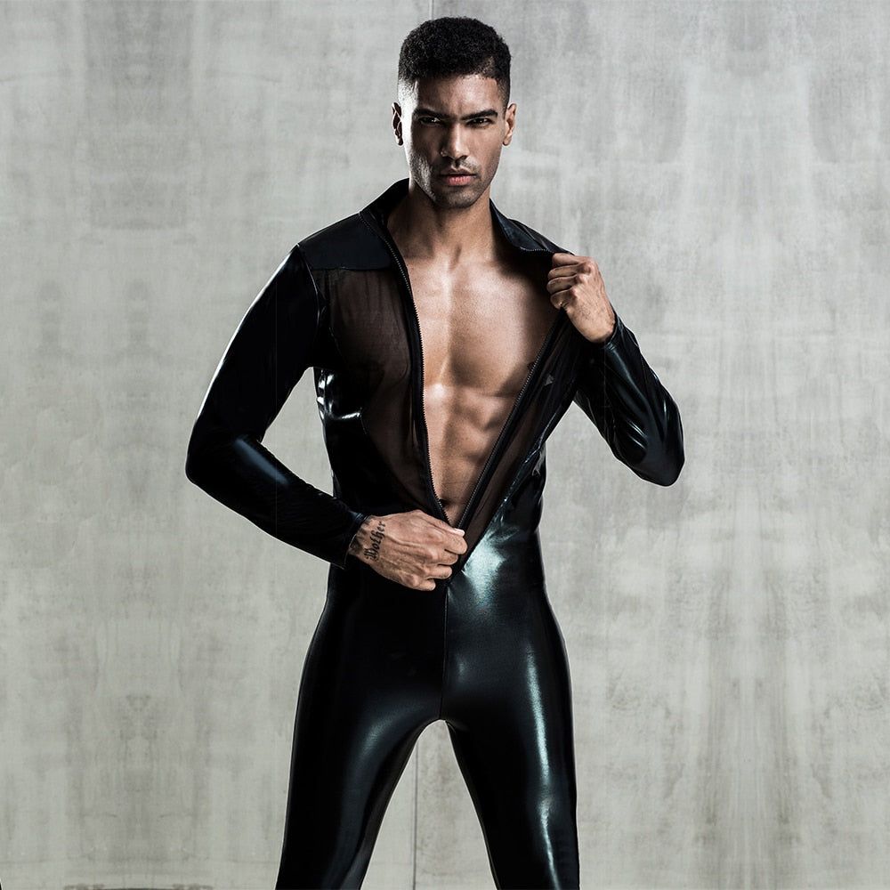 model wearing a black sheer mesh and glossy faux-leather zip-front bodysuit
