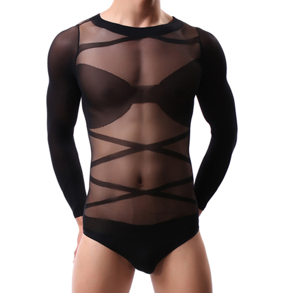 Front view of a model wearing a black sheer mesh bodysuit with long sleeves and crisscross bands