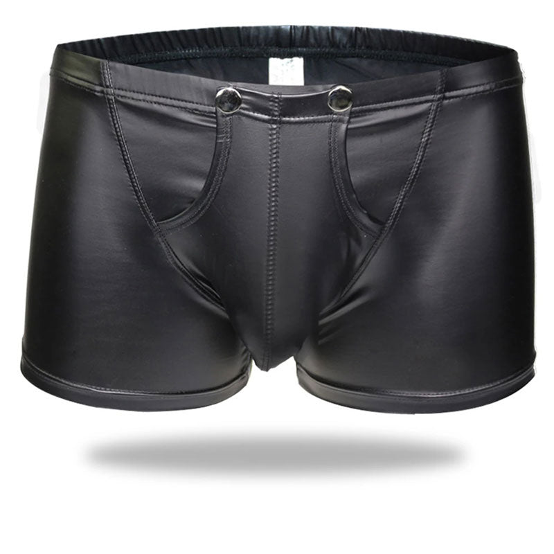 Front view of glossy black leather-look detachable boxers with two front buttons