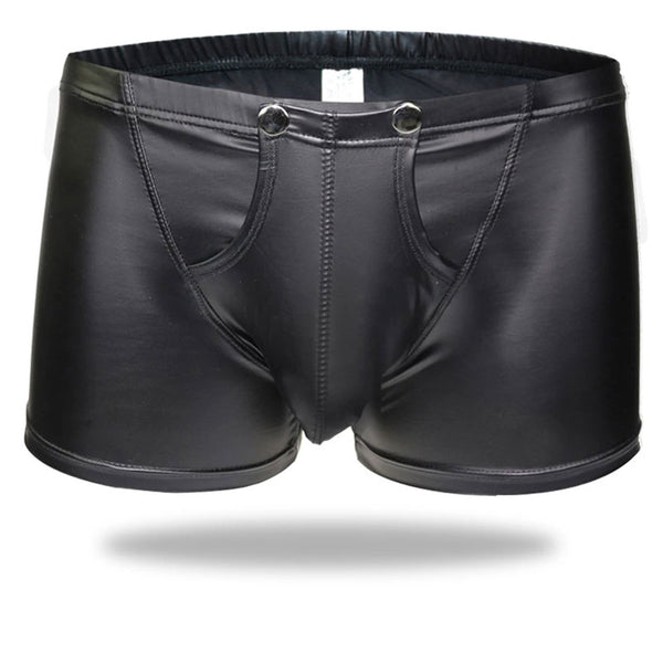 Front view of glossy black leather-look detachable boxers with two front buttons