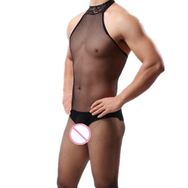 Front-view model wearing a black fishnet halter-neck bodysuit and stockings