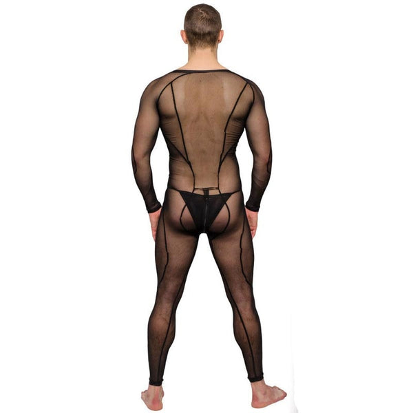 Rear view of a man modeling a sheer black long-sleeve bodysuit with a thong back