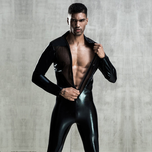 model wearing a black sheer mesh and glossy faux-leather zip-front bodysuit