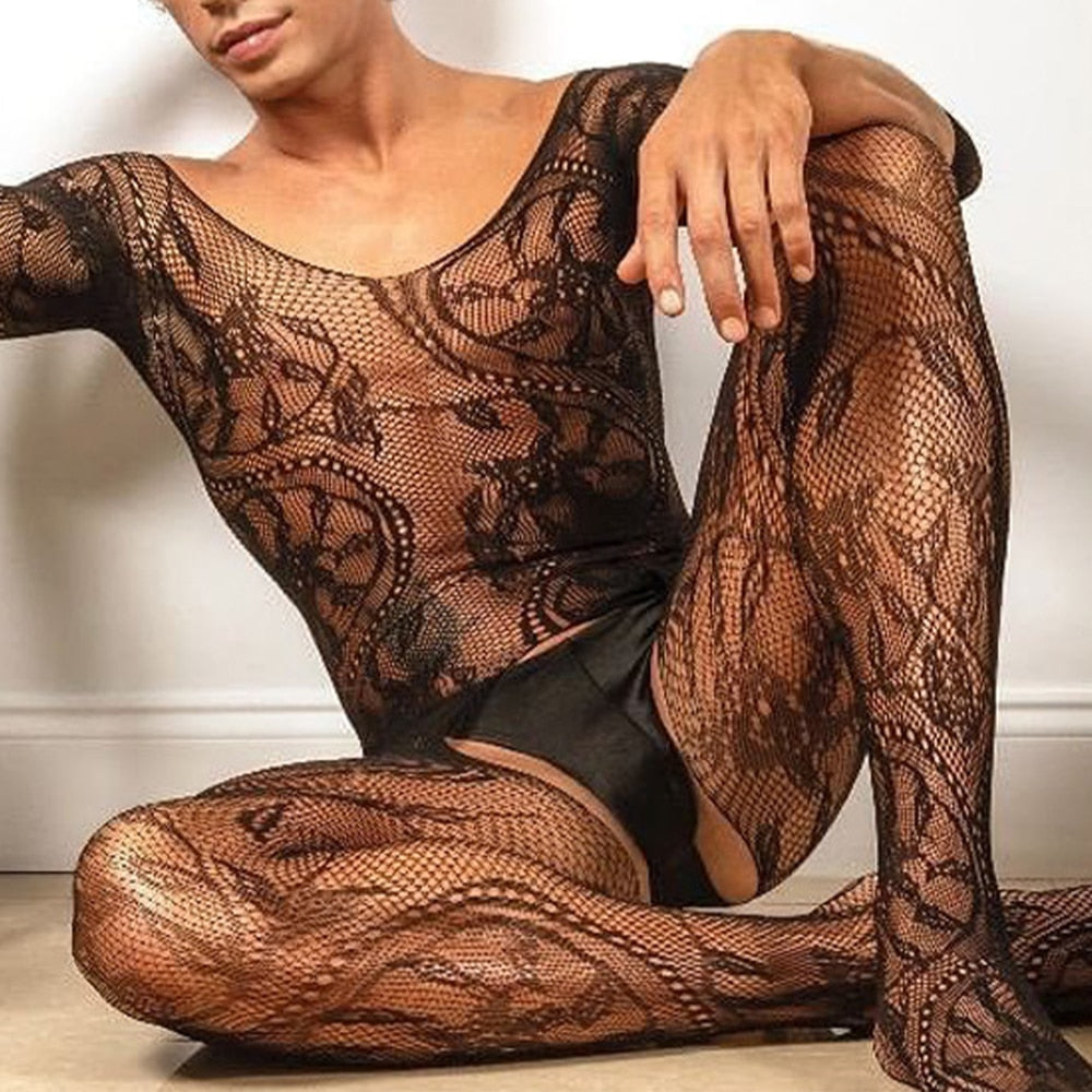 Men's transparent high-stretch pantyhose in the Maline pattern.
