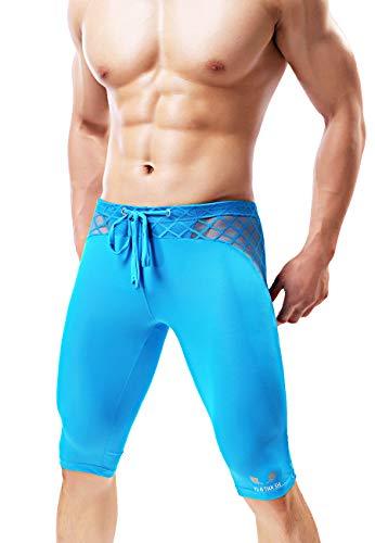 Model wearing bright blue cropped compression shorts with black mesh panels and drawstring
