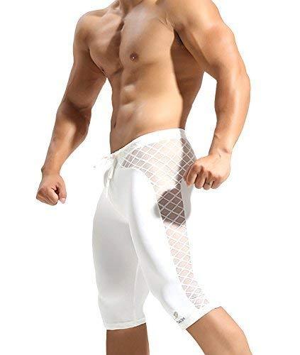 White mesh compression shorts with sheer diamond-mesh side panels, modeled from the side