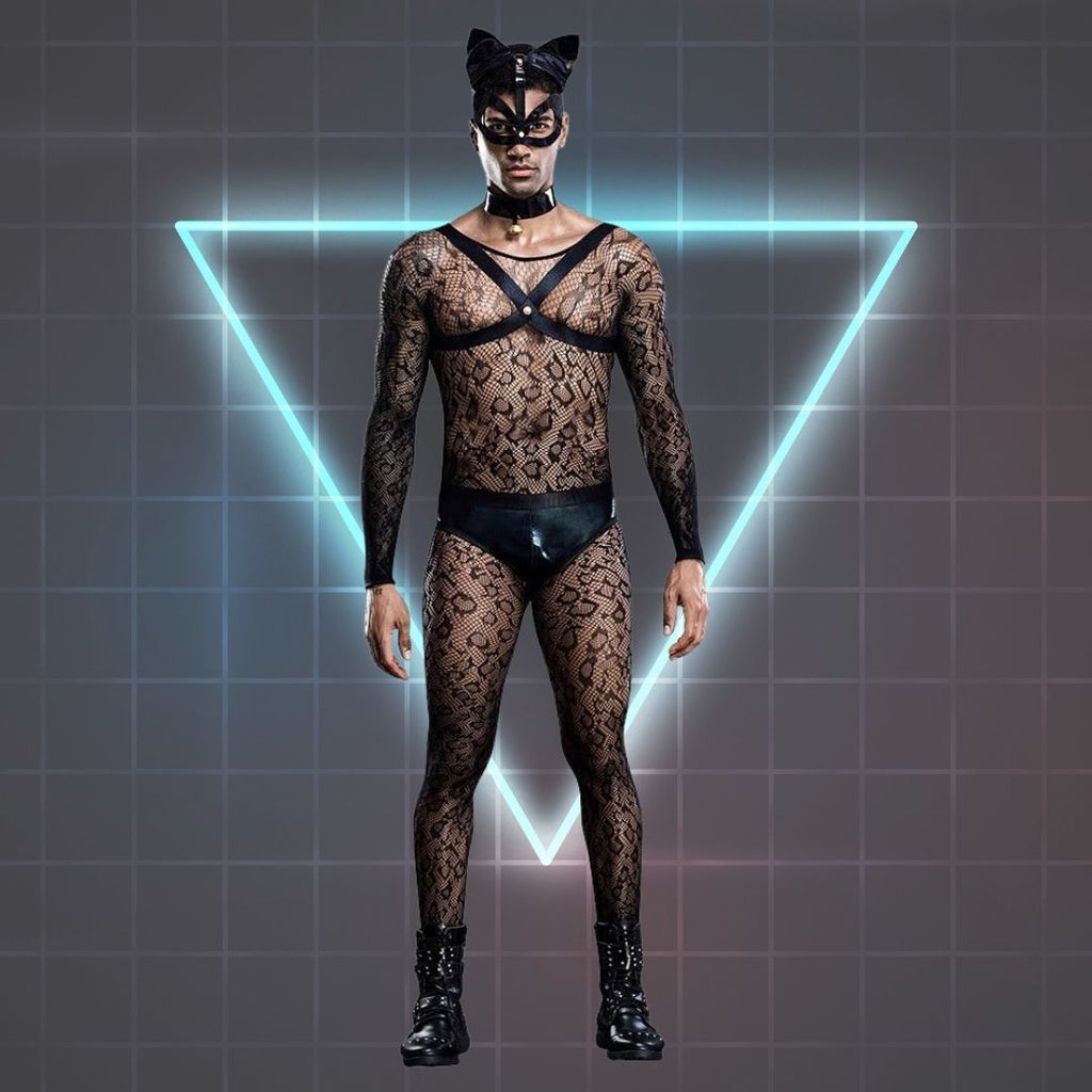 Person wearing a black lace cat costume with cat ears, mask, harness straps, and boots