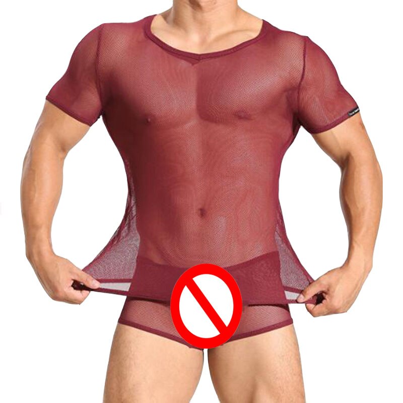 Front view of a person modeling a burgundy sheer mesh short-sleeve top and briefs