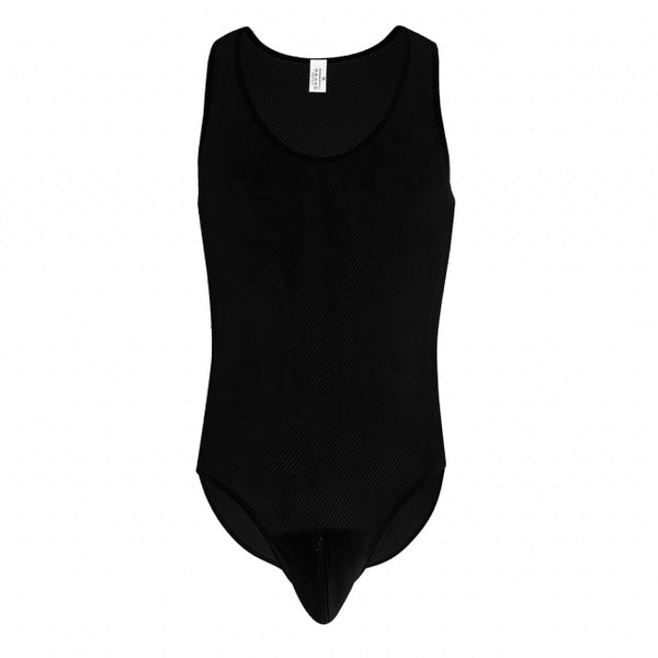 Front view of a black sheer mesh gay bodysuit with a scoop neck and thong bottom