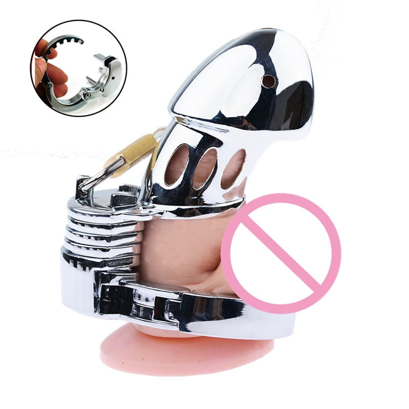 Chrome metal chastity cage with head guard, lock, and pink prohibition symbol