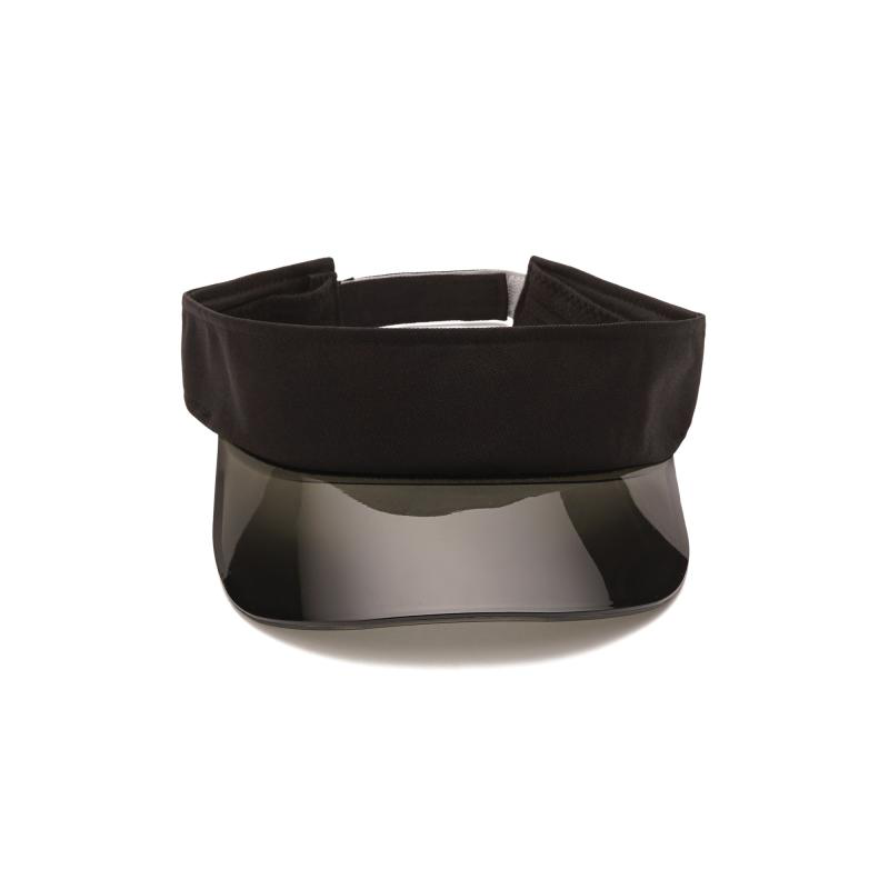 Front-facing black visor with a wide band and dark transparent curved brim