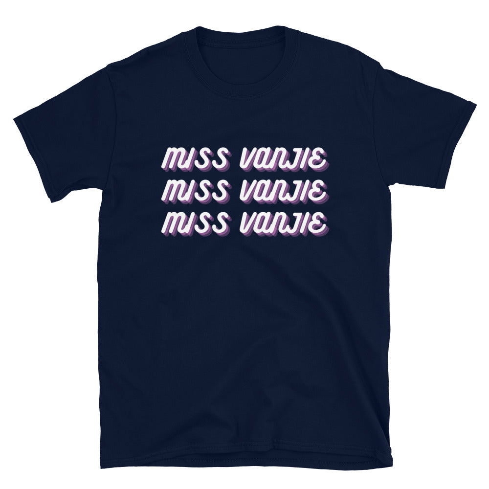 Navy T-shirt with three rows of pink-and-white “MISS VANJIE” lettering