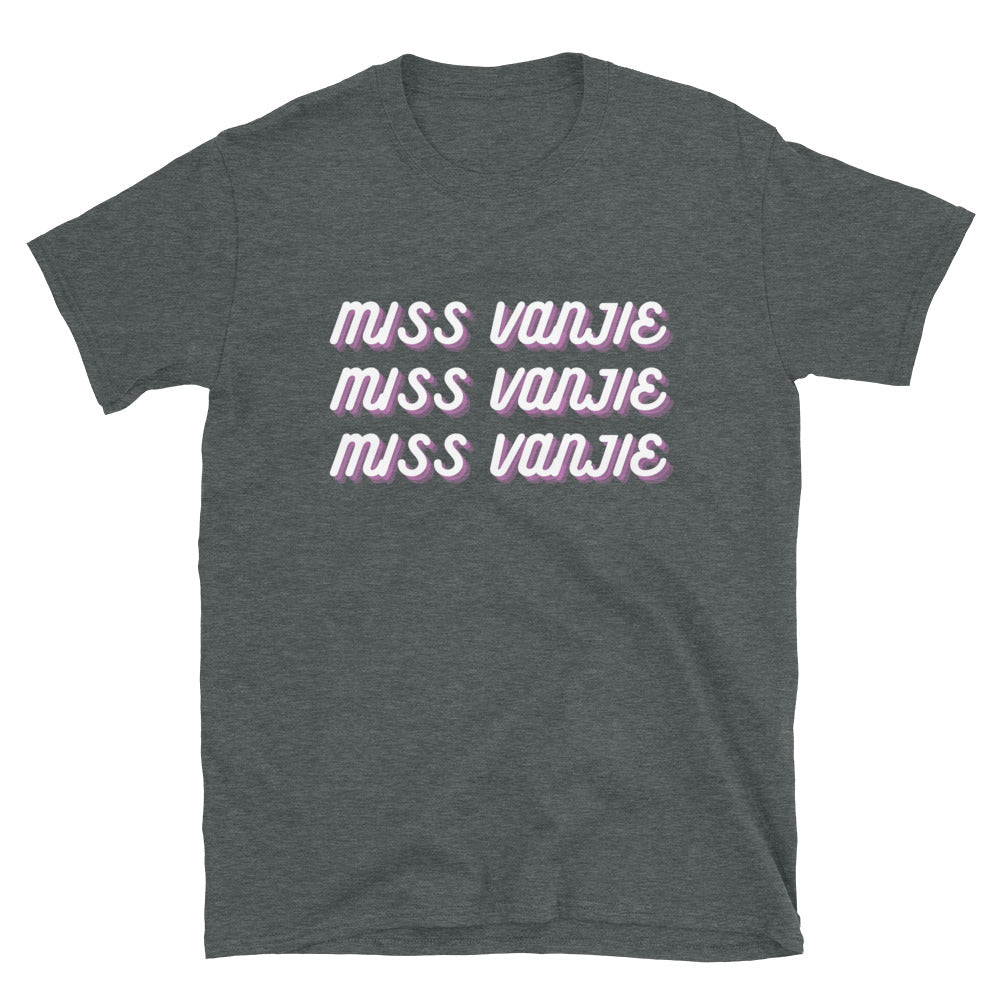 Gray Miss Vanjie T-shirt with three stacked pink-and-white “Miss Vanjie” prints