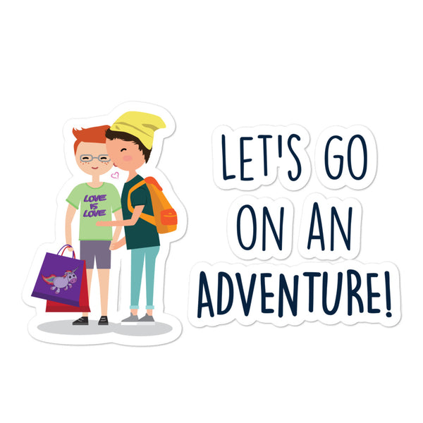 Close-up of “LET'S GO ON AN ADVENTURE!” sticker with two travelers and a unicorn tote
