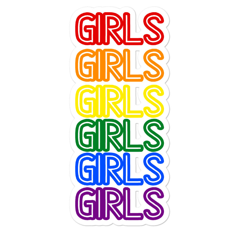 Close-up of a rainbow sticker sheet repeating the word “GIRLS” in six colors