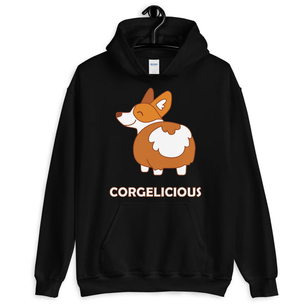 Front view of black hoodie with a cartoon corgi and “CORGELICIOUS” text