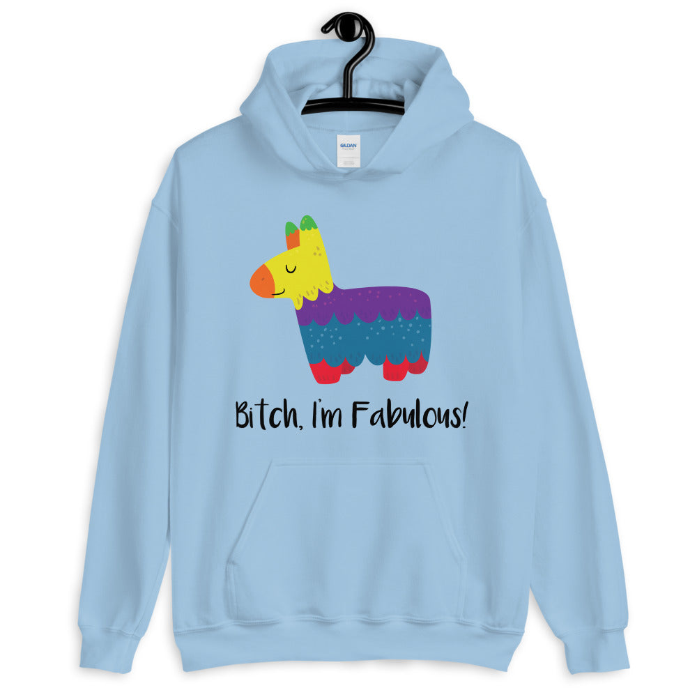 Light blue hoodie with a colorful donkey graphic and “Bitch, I’m Fabulous!” slogan