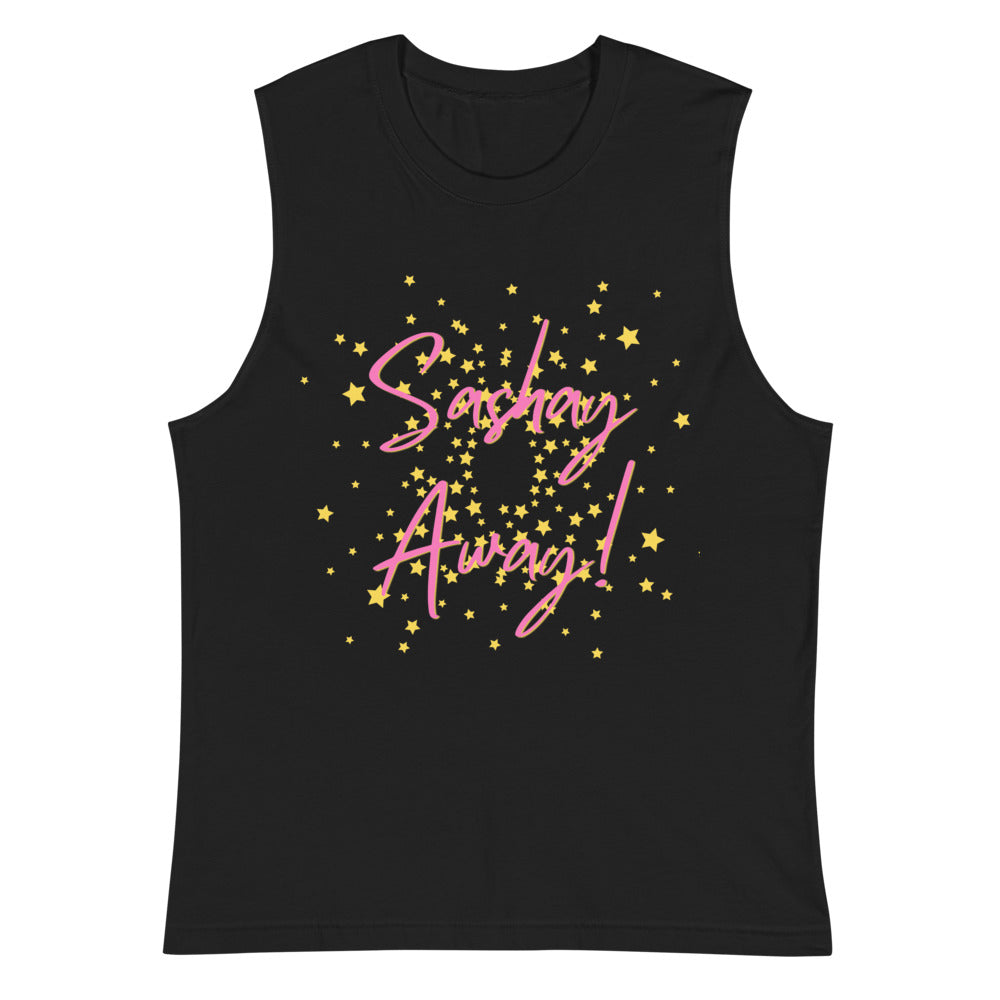 Black muscle tank top with pink “Sashay Away!” script and yellow stars