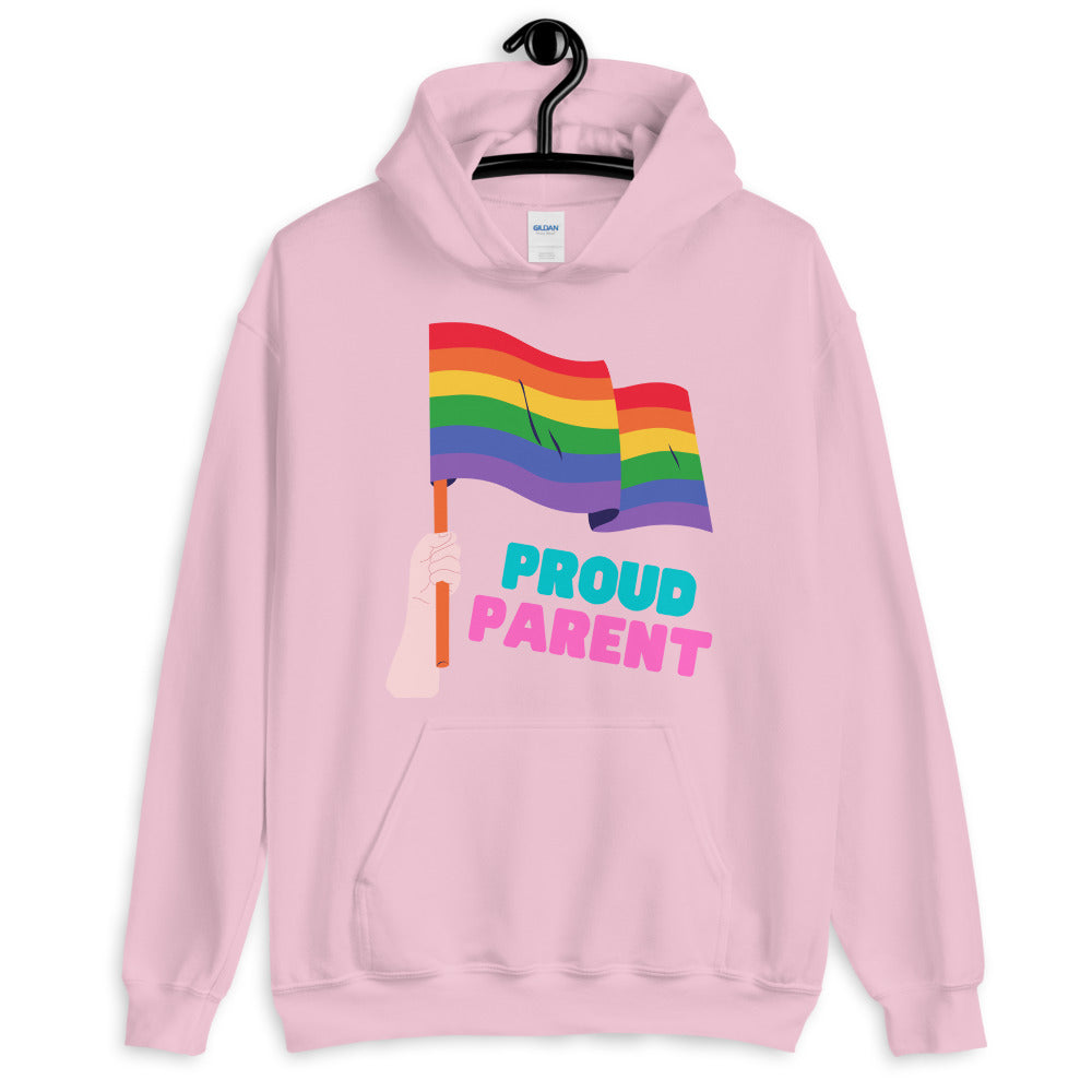 Pink hoodie with rainbow Pride flag graphic and colorful “PROUD PARENT” text