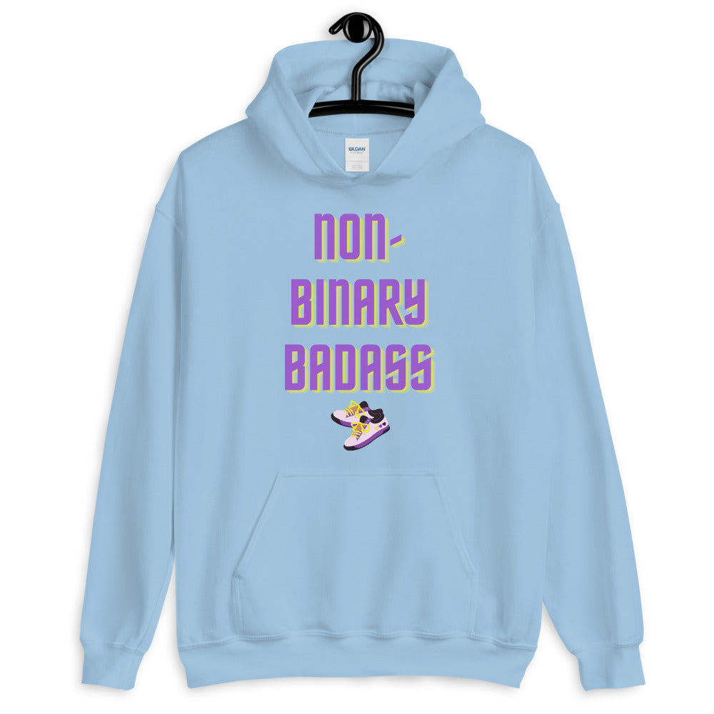 Light blue hoodie with colorful “NON-BINARY BADASS” text and sneaker graphic