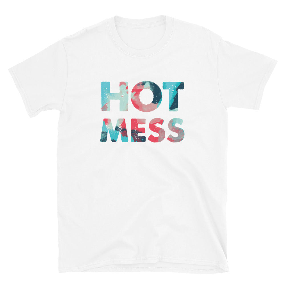 White T-shirt with colorful distressed “HOT MESS” lettering across the chest