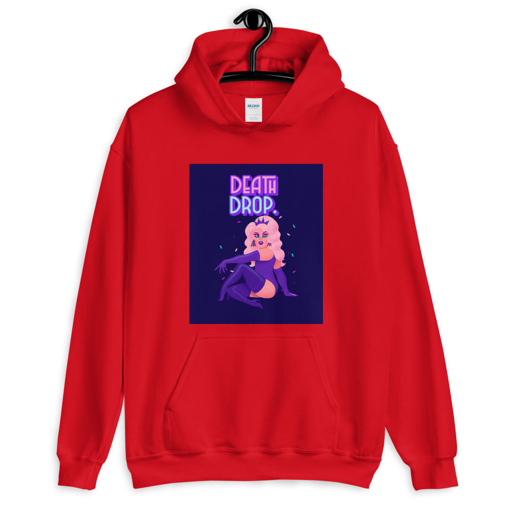 Red hoodie with colorful “DEATH DROP” drag queen graphic and kangaroo pocket