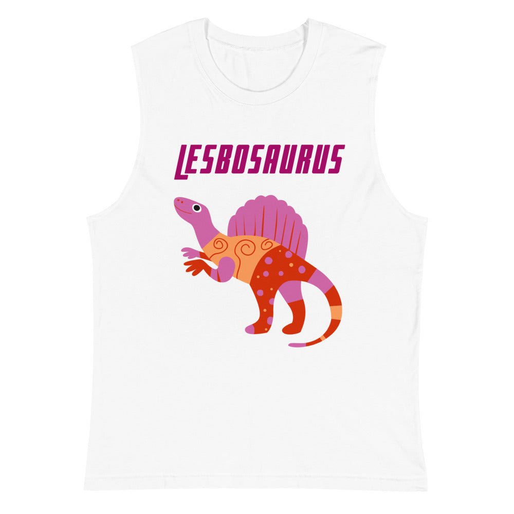 White muscle tank top with “LESBOSAURUS” text and colorful dinosaur graphic