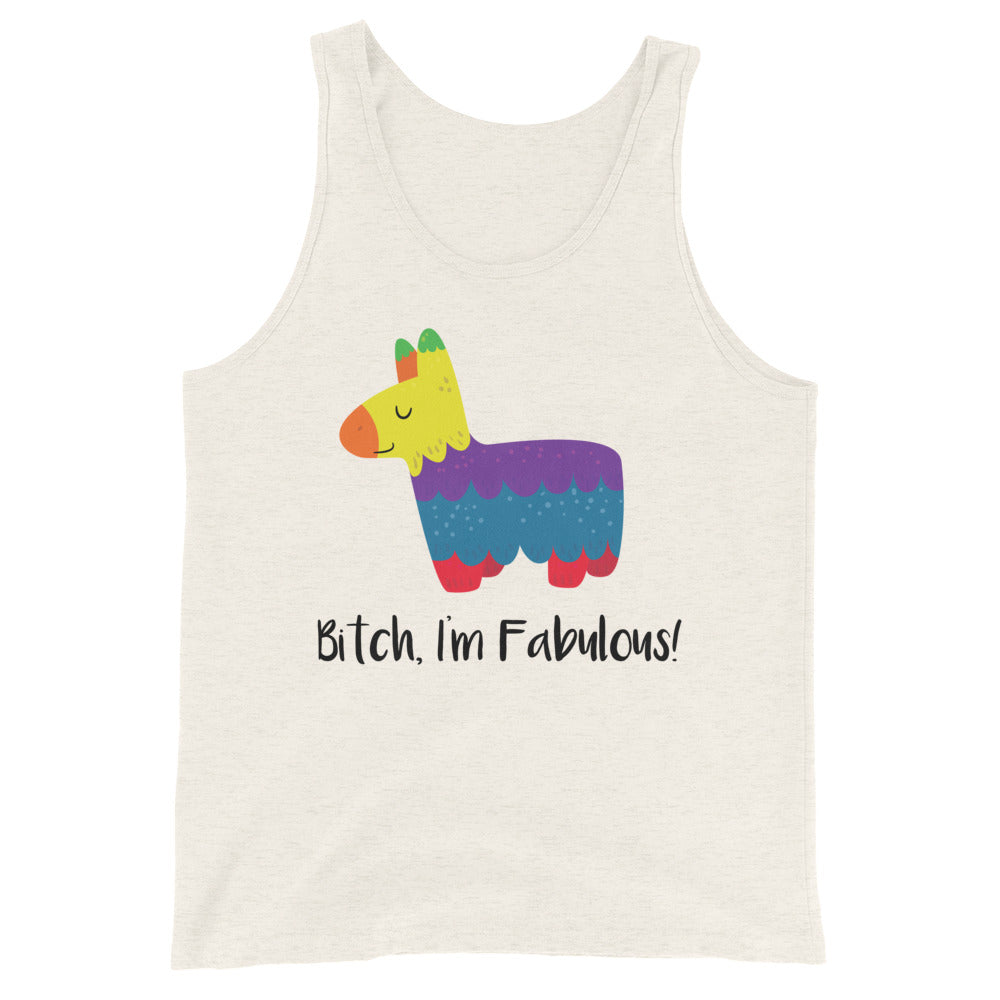 Cream unisex tank top with a colorful piñata llama and “Bitch, I’m Fabulous!” slogan